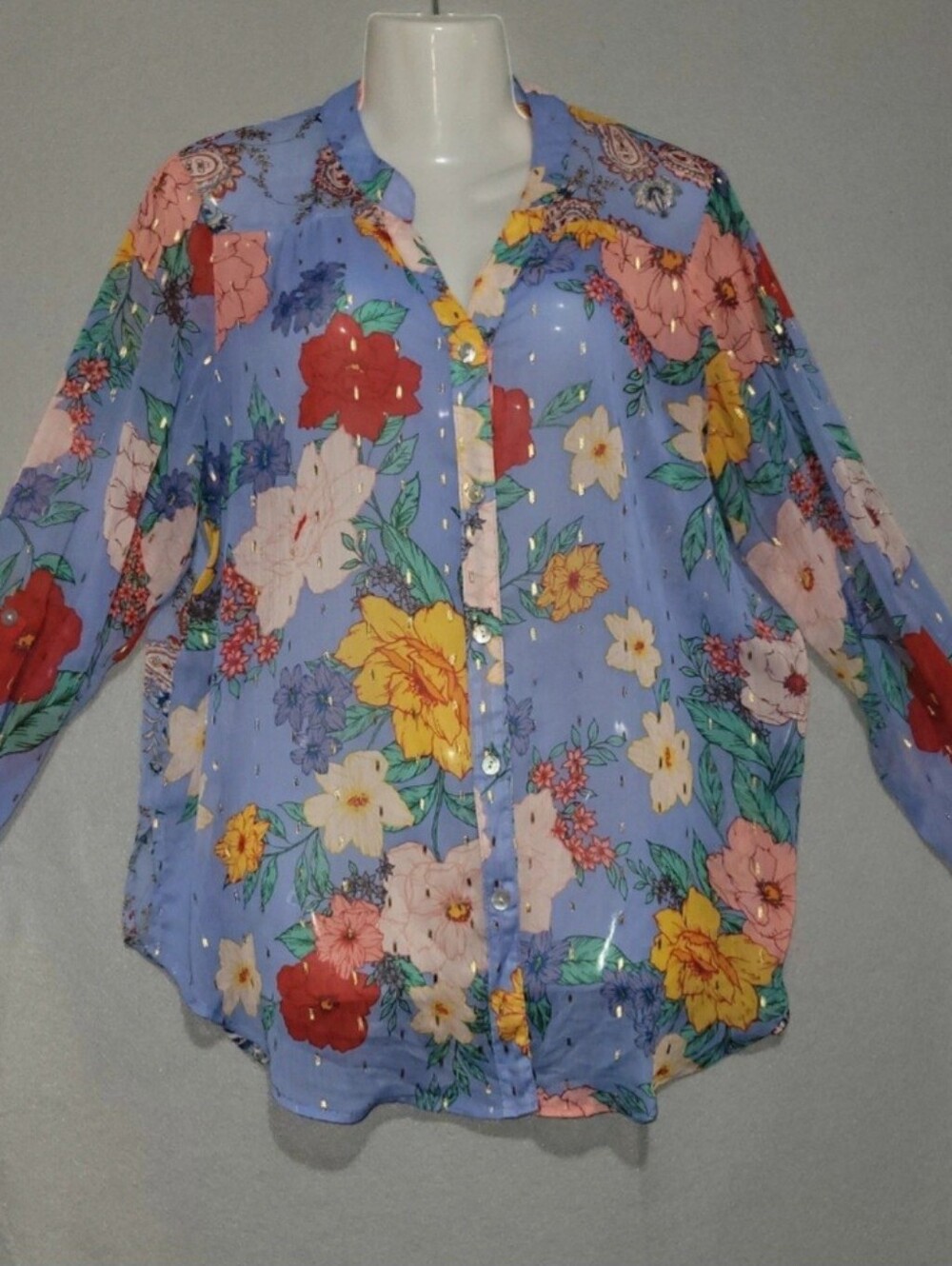 Figueroa & Flower Semi Sheer Floral Button Up Blouse Blue